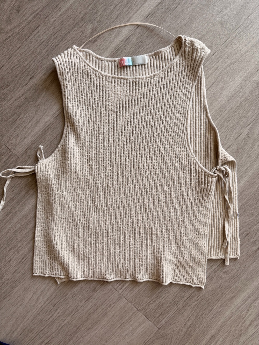 Neutral Cream Ribbed Off-the-Shoulder Tie-Side Sweater Top